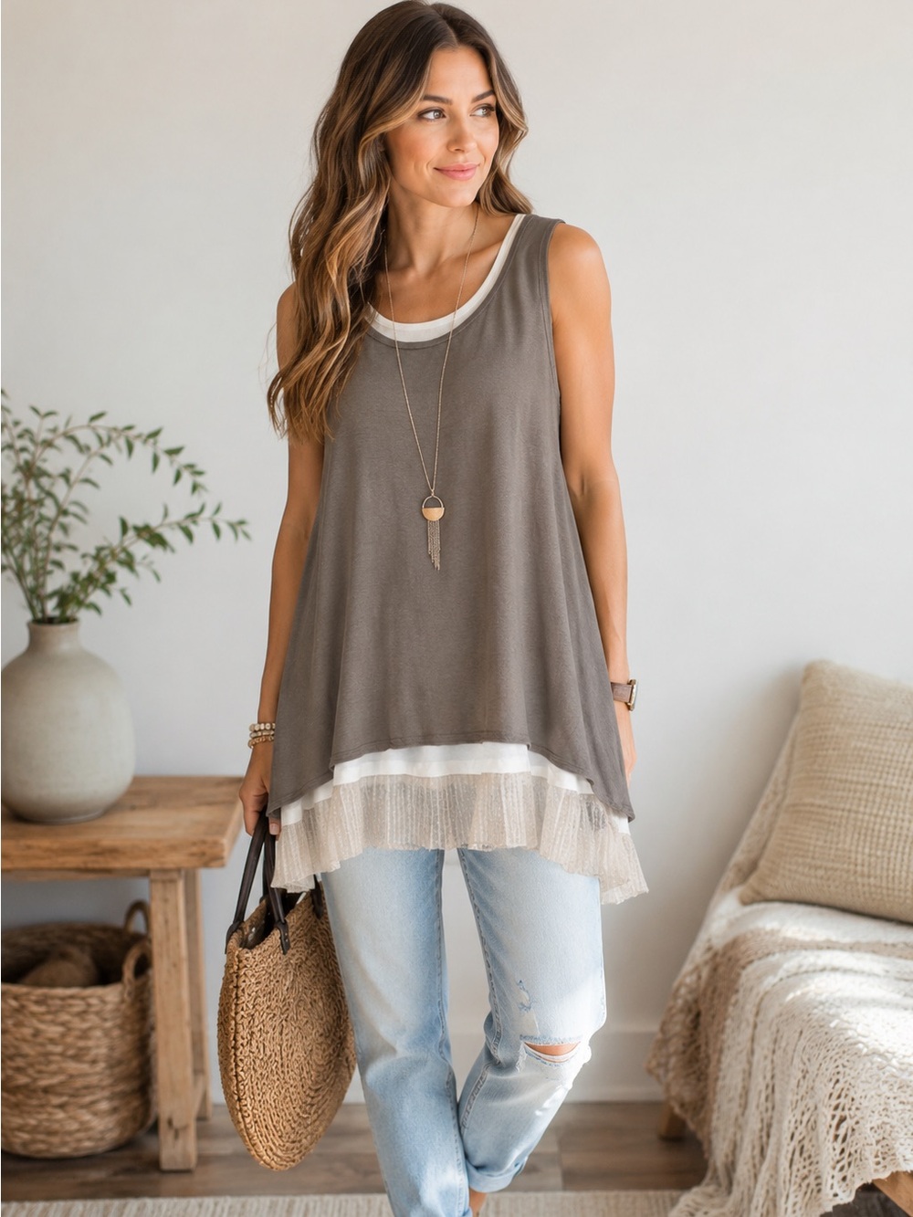 LOGO LAYERS BY LORI GOLDSTEIN Layered Tank Set Mesh Hem Tunic Duo Size  L/XL EUC